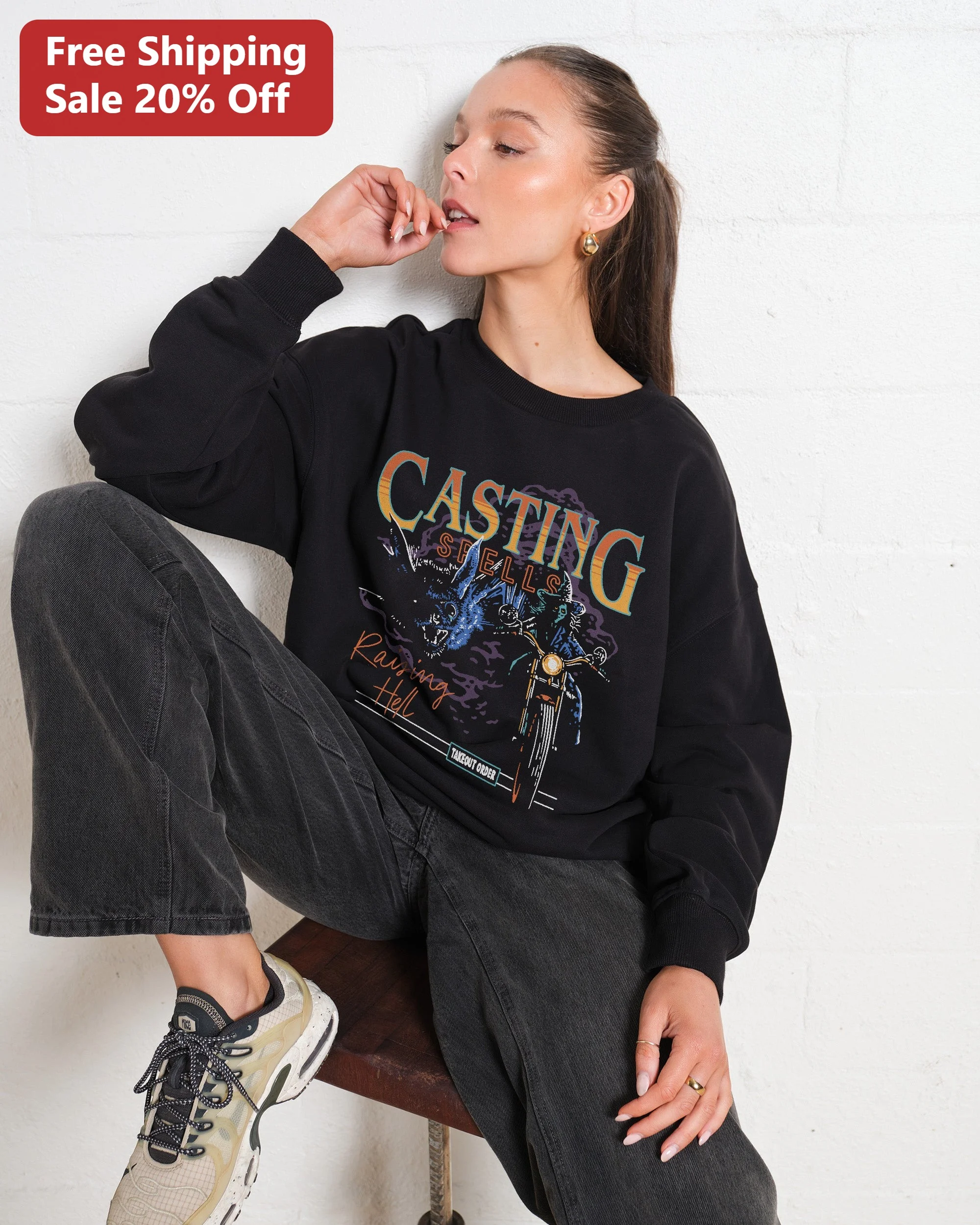 Casting Spells Raising Hell Witch Biker Sweatshirt Retro Occult Graphic Crewneck