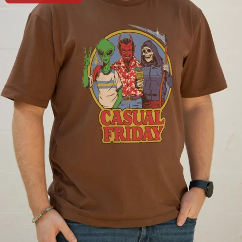 Casual Friday Alien Devil Reaper Graphic Tee Funny Office Workwear Shirt on a hanger, ready to ship from Chicago, Illinois