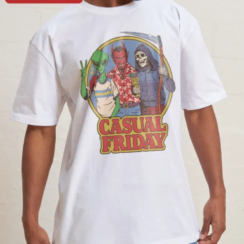 Close-up of Casual Friday Alien Devil Reaper Graphic Tee Funny Office Workwear Shirt for streetwear fans in Chicago, Illinois