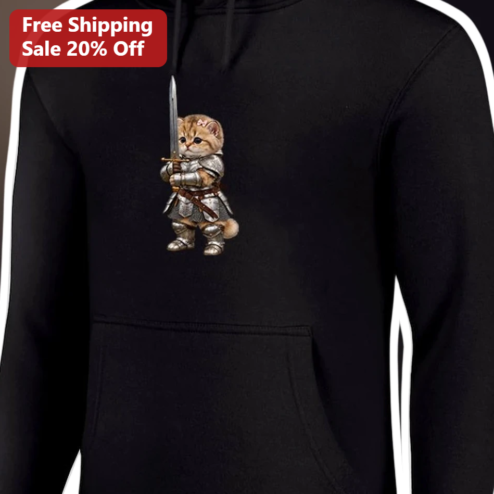 Cat Knight Armor Sword Hoodie Cute Medieval Fantasy Warrior Kitty Apparel for Cat Lovers Gamers