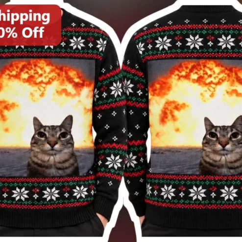 Cat Nuclear Explosion Ugly Christmas Sweater Funny Meme Holiday Gift for Cat Lovers