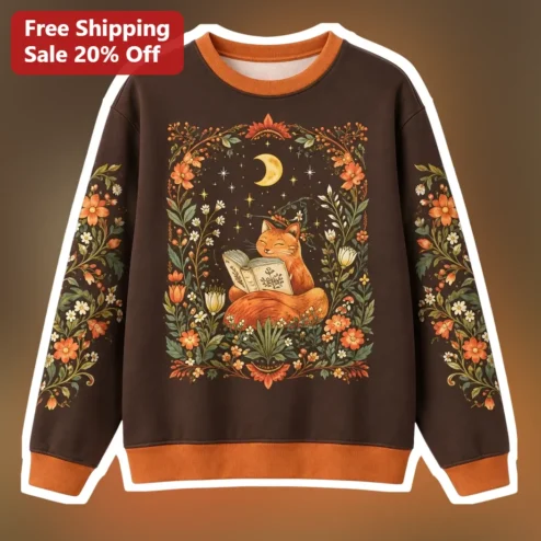 Cat Reading Book with Moon and Flowers Sweatshirt Cozy Autumn Cottagecore Gift for Book Lovers