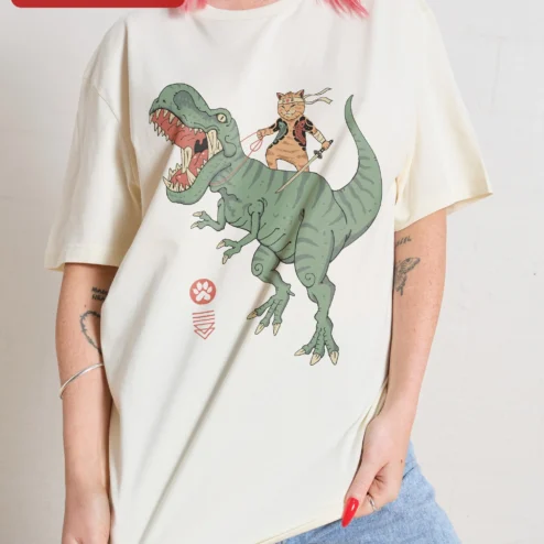Cat Riding Dinosaur Samurai Tattoo Graphic Tee Funny Warrior Cat Shirt Gift for Cat Lovers on a hanger, ready to ship from Chicago, Illinois