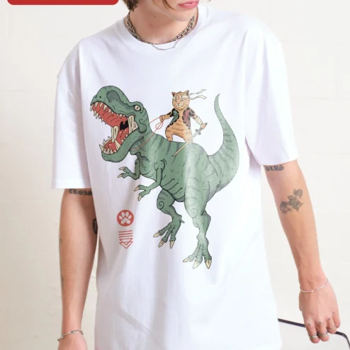 Customer in Chicago, Illinois wearing Cat Riding Dinosaur Samurai Tattoo Graphic Tee Funny Warrior Cat Shirt Gift for Cat Lovers