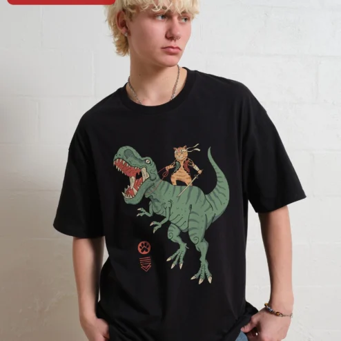 Cat Riding Dinosaur Samurai Tattoo Graphic Tee Funny Warrior Cat Shirt Gift for Cat Lovers