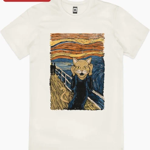 Cat The Scream Parody Art Tee Funny Edvard Munch Tabby Cat Graphic Shirt for Cat Lovers on a hanger, ready to ship from Chicago, Illinois