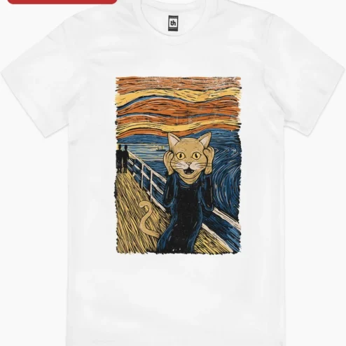 Customer in Chicago, Illinois wearing Cat The Scream Parody Art Tee Funny Edvard Munch Tabby Cat Graphic Shirt for Cat Lovers