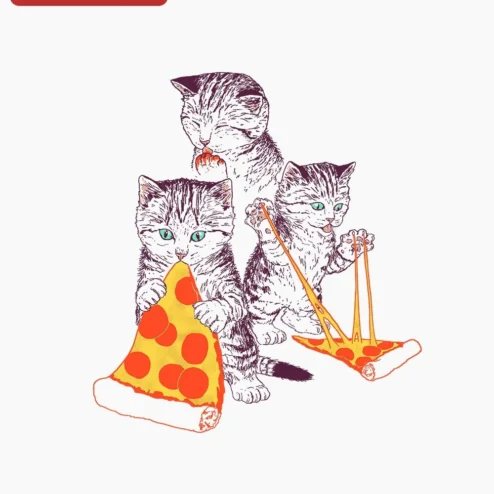 Cats Eating Pizza Illustration Tee Funny Kitten Graphic Shirt for Cat Lovers on a hanger, ready to ship from Chicago, Illinois