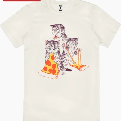 Customer in Chicago, Illinois wearing Cats Eating Pizza Illustration Tee Funny Kitten Graphic Shirt for Cat Lovers