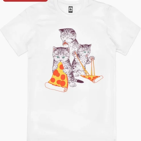 Close-up of Cats Eating Pizza Illustration Tee Funny Kitten Graphic Shirt for Cat Lovers for streetwear fans in Chicago, Illinois
