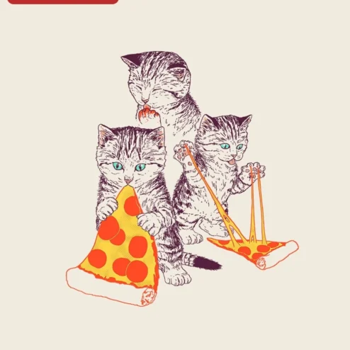 Cats Eating Pizza Illustration Tee Funny Kitten Graphic Shirt for Cat Lovers