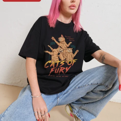 Cats of Fury Paw-some Fun-midable Claw-ven Tee on a hanger, ready to ship from Chicago, Illinois