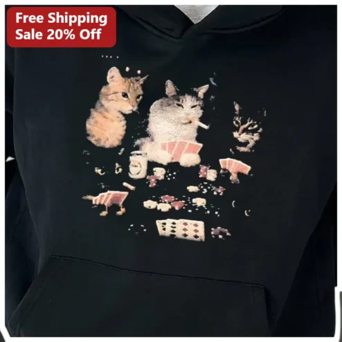 Cats Playing Poker Hoodie Funny Vintage Oil Painting Style Graphic Pullover Gift for Cat Lovers