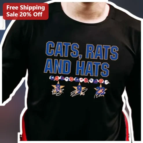 CATS, RATS AND HATS Long Sleeve Shirt Funny Sports Pun Varsity Style Graphic Top for Men and Women