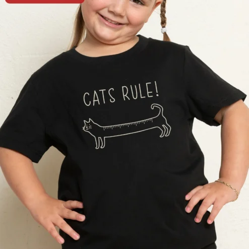 Cats Rule Kids Tee Funny Cat Lover Graphic T-Shirt for Children on a hanger, ready to ship from Chicago, Illinois