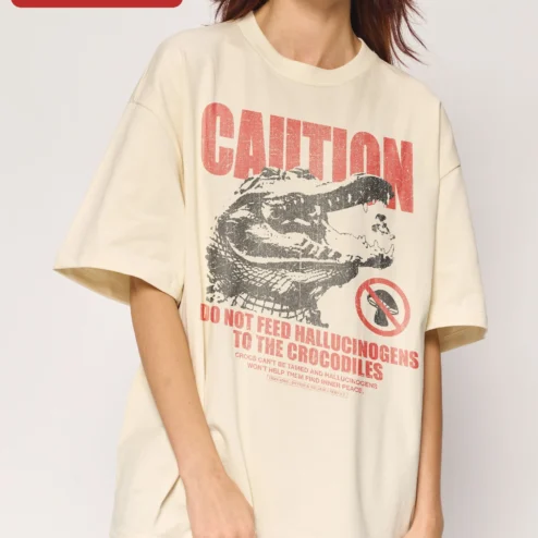 Caution Do Not Feed Hallucinogens To The Crocodiles Funny Graphic Tee Vintage Distressed Shirt