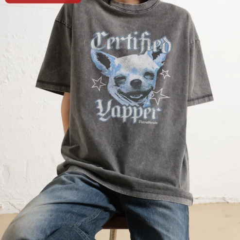 Certified Yapper Chihuahua Graphic Tee Acid Wash Streetwear Shirt on a hanger, ready to ship from Chicago, Illinois