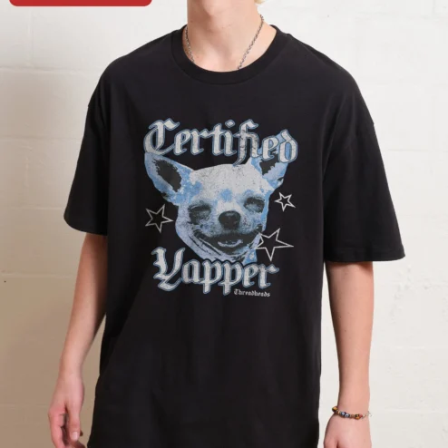 Certified Yapper Chihuahua Graphic Tee Distressed Vintage Streetwear Shirt for Dog Lovers on a hanger, ready to ship from Chicago, Illinois