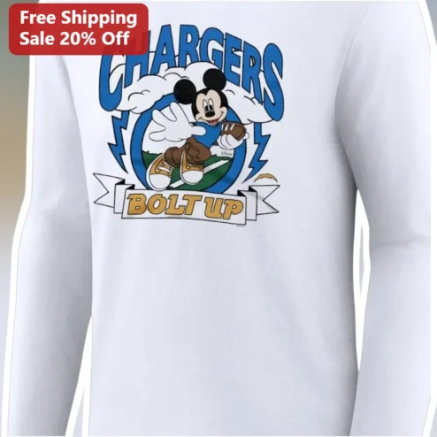 Chargers Bolt Up Mickey Mouse Long Sleeve Tee Los Angeles NFL Fan Apparel