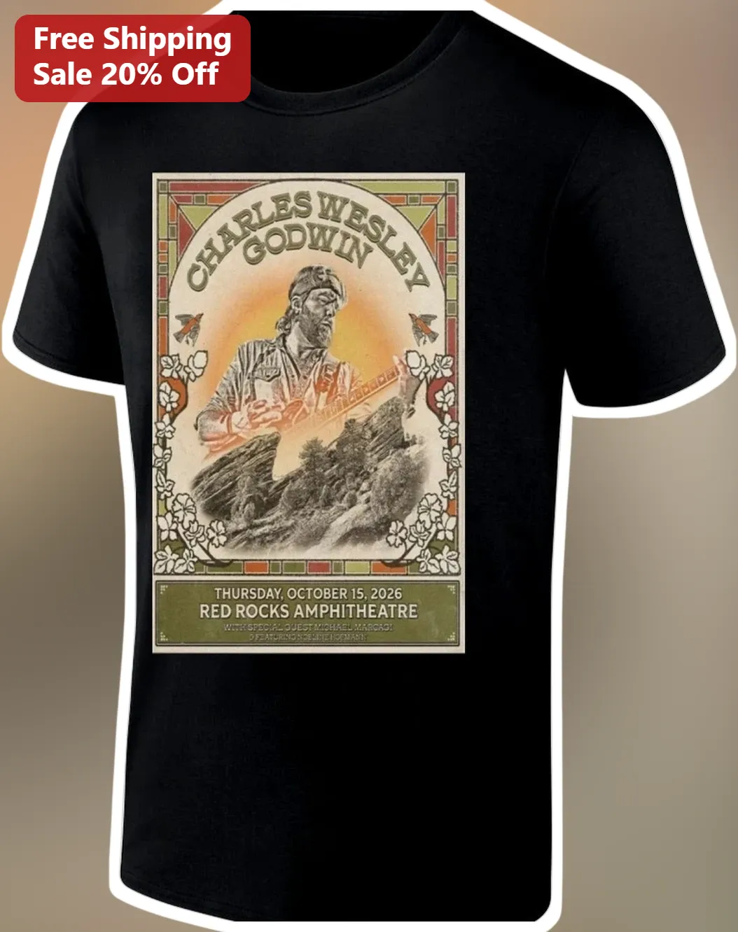 Charles Wesley Godwin Vintage Art Nouveau Guitar Graphic Tee Black Cotton Folk Rock Concert Merch Gift