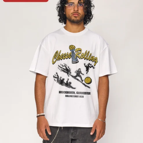 Cheese Rolling Gloucester Tee Vintage Cooper's Hill Cheese Race Shirt on a hanger, ready to ship from Chicago, Illinois