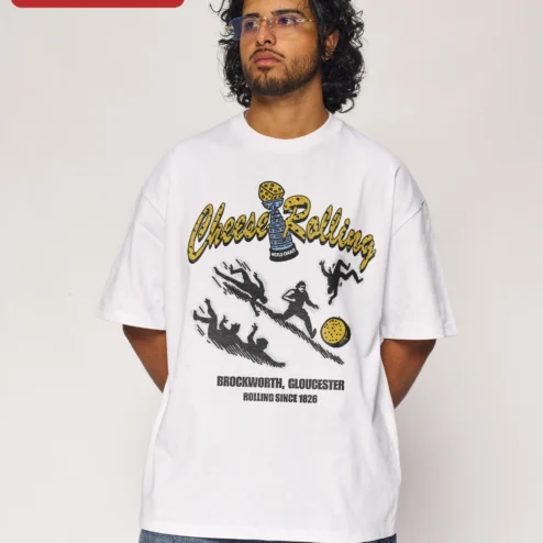 Cheese Rolling Gloucester Tee Vintage Cooper's Hill Tradition Shirt on a hanger, ready to ship from Chicago, Illinois