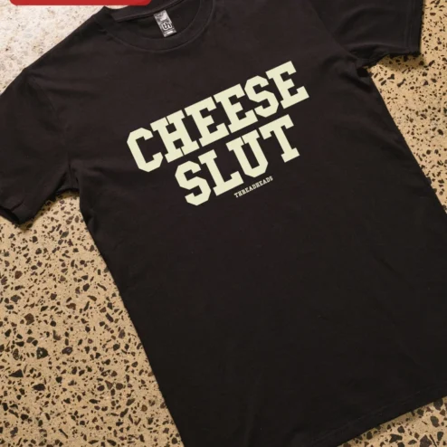 Cheese Slut Funny Cheese Lover Tee Vintage Collegiate Graphic T-Shirt for Foodies on a hanger, ready to ship from Chicago, Illinois