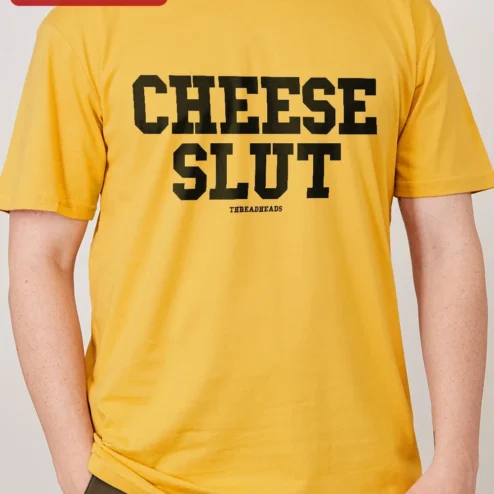 Customer in Chicago, Illinois wearing Cheese Slut Funny Cheese Lover Tee Vintage Collegiate Graphic T-Shirt for Foodies