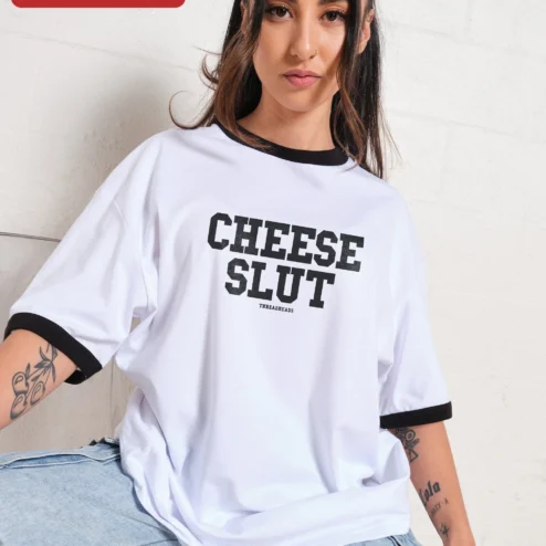 Customer in Chicago, Illinois wearing Cheese Slut Funny Cheese Lover Tee Vintage Collegiate Graphic T-Shirt for Foodies