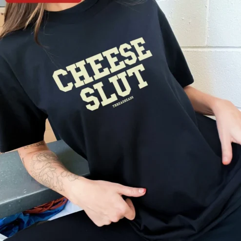 Close-up of Cheese Slut Funny Cheese Lover Tee Vintage Collegiate Graphic T-Shirt for Foodies for streetwear fans in Chicago, Illinois