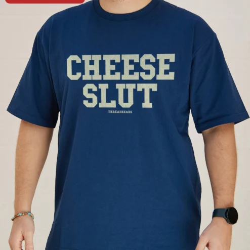 Customer in Chicago, Illinois wearing Cheese Slut Funny Cheese Lover Tee Vintage Collegiate Graphic T-Shirt for Foodies