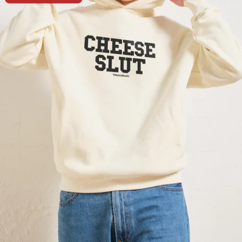 Cheese Slut Hoodie Funny Foodie Gift Novelty Streetwear Sweatshirt on a hanger, ready to ship from Chicago, Illinois