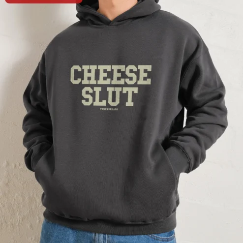 Customer in Chicago, Illinois wearing Cheese Slut Hoodie Funny Foodie Gift Novelty Streetwear Sweatshirt