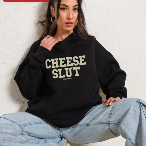 Close-up of Cheese Slut Hoodie Funny Foodie Gift Novelty Streetwear Sweatshirt for streetwear fans in Chicago, Illinois