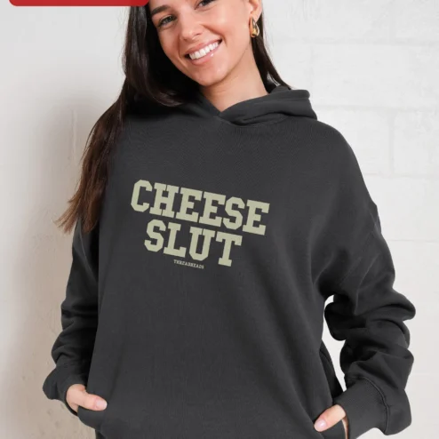 Customer in Chicago, Illinois wearing Cheese Slut Hoodie Funny Foodie Gift Novelty Streetwear Sweatshirt