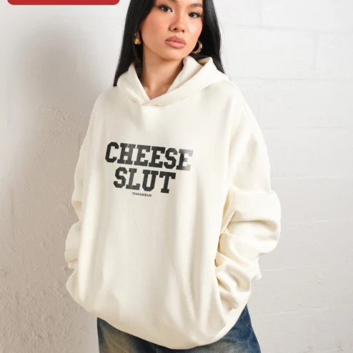Close-up of Cheese Slut Hoodie Funny Foodie Gift Novelty Streetwear Sweatshirt for streetwear fans in Chicago, Illinois