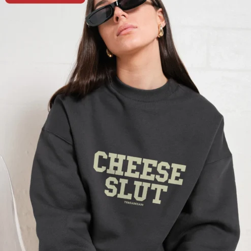 Customer in Chicago, Illinois wearing Cheese Slut Sweatshirt Funny Cheese Lover Gift Novelty Pun Crewneck Apparel