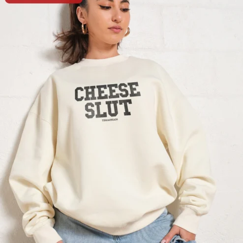 Close-up of Cheese Slut Sweatshirt Funny Cheese Lover Gift Novelty Pun Crewneck Apparel for streetwear fans in Chicago, Illinois