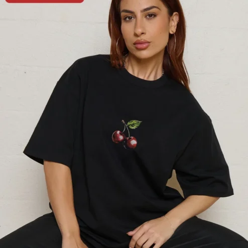 Cherry Graphic Tee Oversized Black Cotton Shirt Minimalist Red Cherry Print Streetwear Apparel for Women