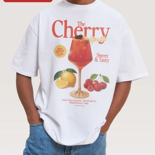 Cherry Spritz Cocktail Recipe Tee The Cherry Spritz Graphic Shirt for Bartenders and Cocktail Lovers on a hanger, ready to ship from Chicago, Illinois
