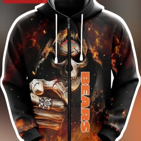 Chicago Bears Flaming Skull Zip Up Hoodie NFL Fan Gear Black Unisex Sweatshirt