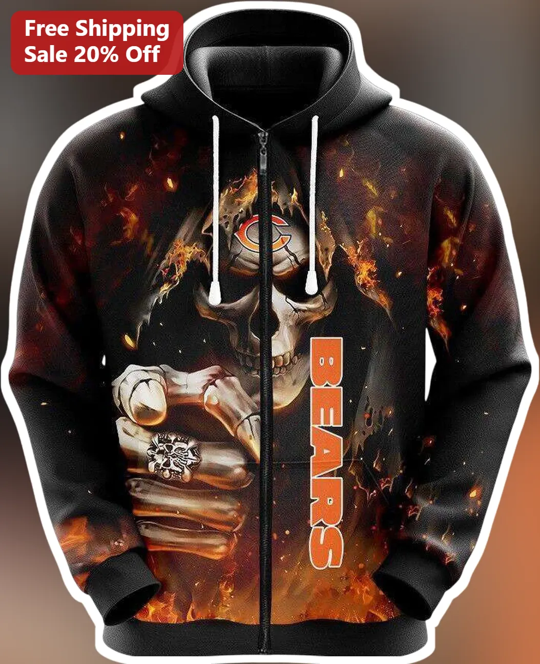 Chicago Bears Flaming Skull Zip Up Hoodie NFL Fan Gear Black Unisex Sweatshirt