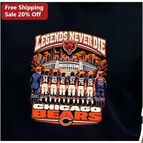 Chicago Bears Legends Never Die Graphic Tee Vintage NFL Fan Gear Shirt