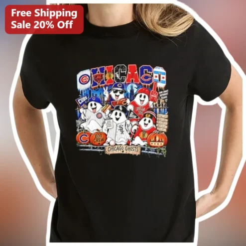 Chicago Ghosts Sports Team Halloween Graphic Tee Funny Cubs Sox Bears Bulls Fan Gift