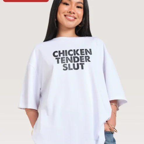 Close-up of Chicken Tender Slut Tee Funny Foodie Graphic Shirt Oversized Streetwear Cotton Top for streetwear fans in Chicago, Illinois