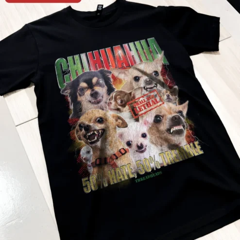 Chihuahua Small But Lethal Funny Dog Lover Tee Gift for Chihuahua Owners on a hanger, ready to ship from Chicago, Illinois