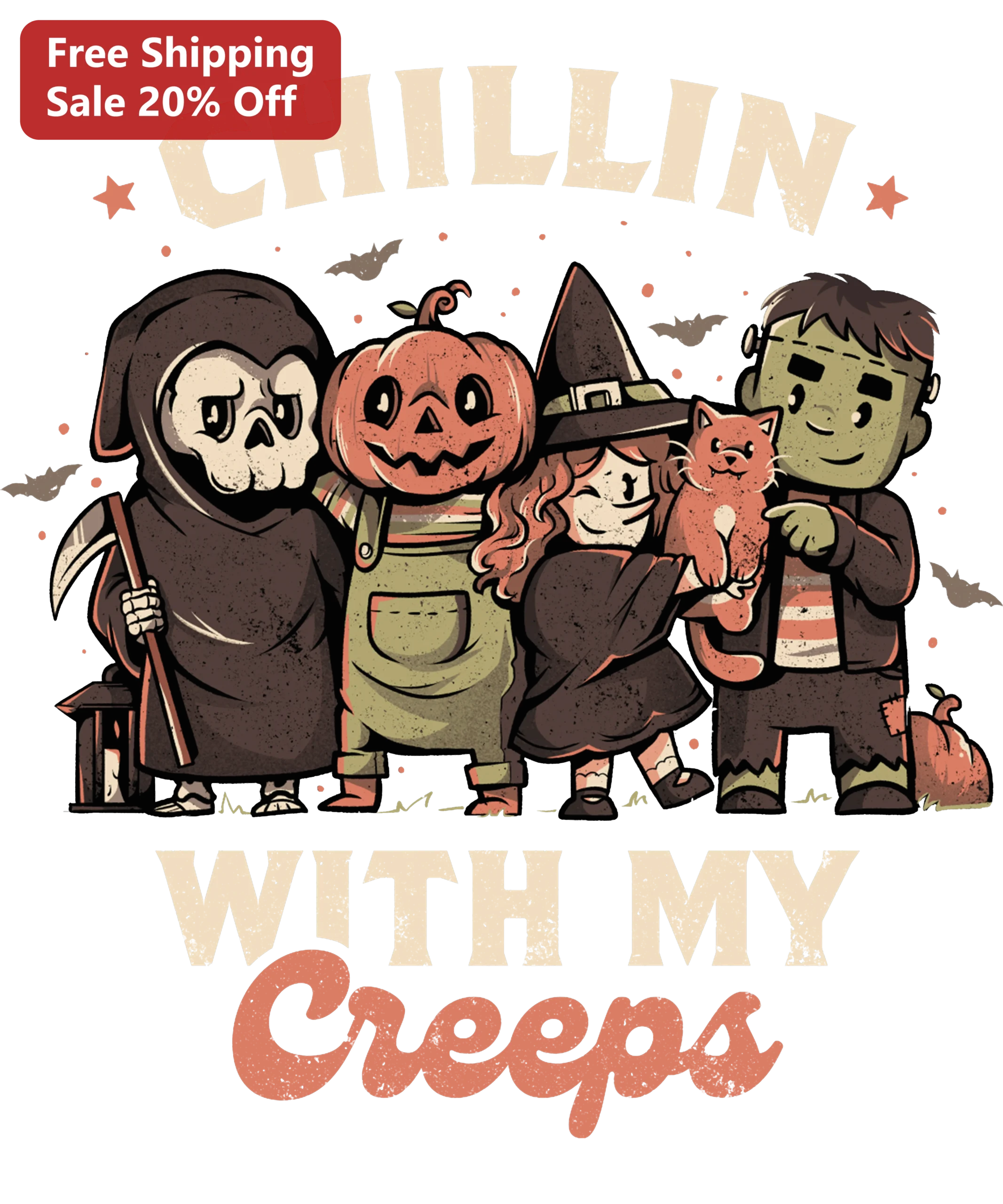 Chillin With My Creeps Halloween Graphic Tee Vintage Spooky Friends Shirt