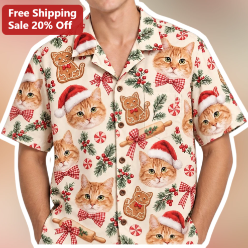 Christmas Cat Aloha Shirt Camp Shirt Holiday Tabby Santa Hat Gift for Men