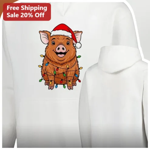 Christmas Pig Santa Hat Hoodie Cute Fluffy Brown Piglet Wrapped in Lights Holiday Pullover Gift