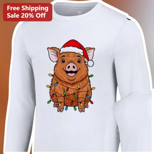 Christmas Pig with Lights Long Sleeve Tee Funny Holiday Novelty Gift for Animal Lovers